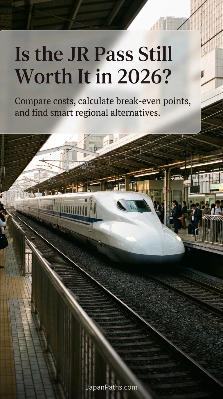 A white Shinkansen bullet train stopped at a station platform in Japan. Text overlay discusses cheaper alternatives to the national rail pass. This guide answers the question: Is the JR Pass Still Worth It in 2026? It is essential reading for planning Japan Travel budgets and understanding transportation costs.