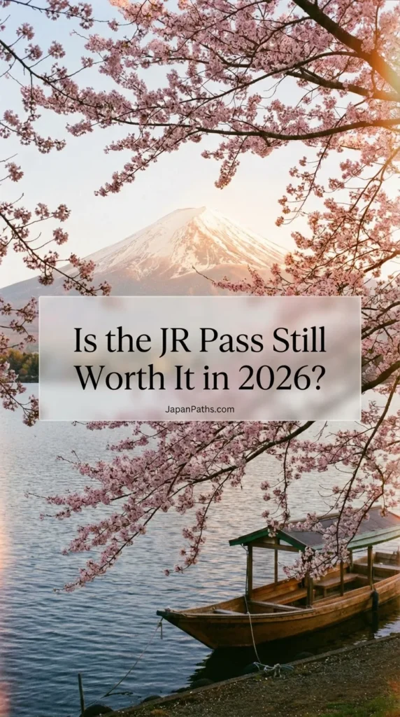 A breathtaking view of snow-capped Mount Fuji framed by pink cherry blossoms and blue water, a classic Japan travel scene. If you are planning a spring trip to see views like this, you need to know: Is the JR Pass Still Worth It in 2026? Use this guide to analyze costs, find regional rail pass alternatives, and plan a budget-friendly vacation.