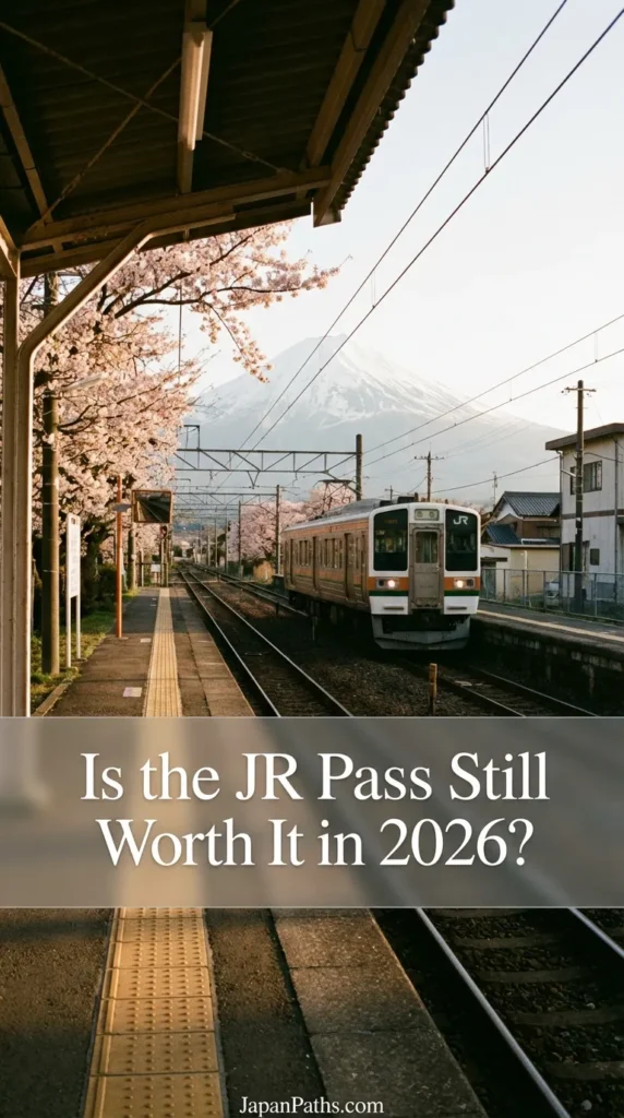 A breathtaking vertical view of the red Chureito Pagoda framed by blooming pink cherry blossoms with a snow-capped Mount Fuji in the background at sunset. This iconic Japanese landscape is a top destination for travelers wondering Is the JR Pass Still Worth It in 2026 to reach scenic spots in Yamanashi Prefecture.