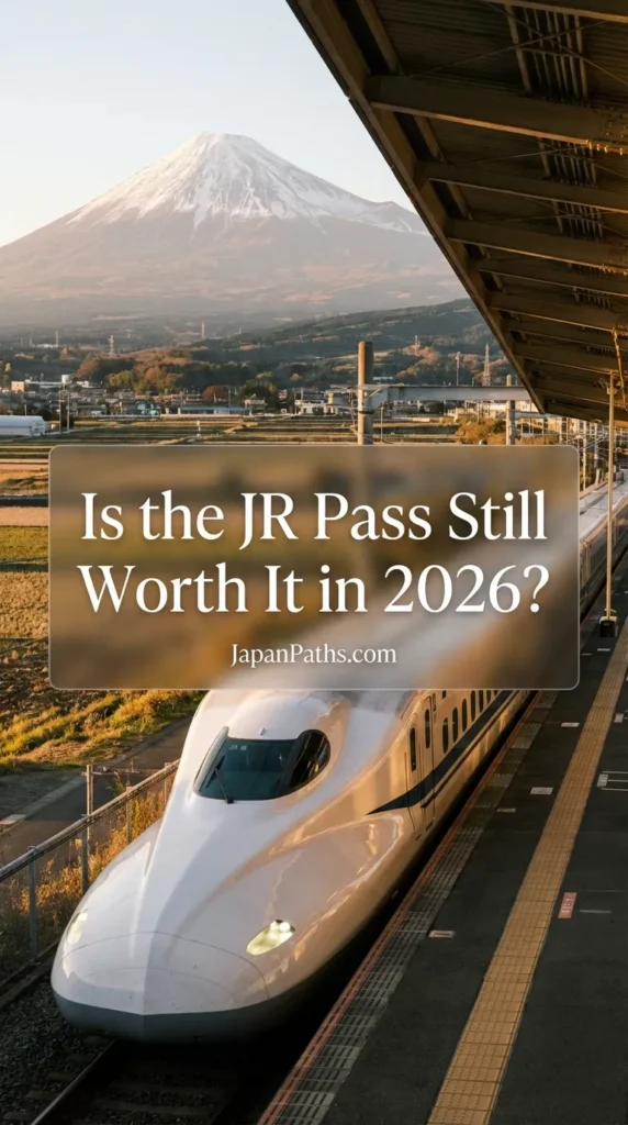 A vertical infographic titled Your Complete Guide to Japan Rail Pass on a teal patterned background. The image features colorful illustrations of Japanese culture including a red lantern, cherry blossoms, a torii gate, sushi, Mount Fuji, a geisha, a lucky cat, a samurai, and a green tea set. Perfect for travelers wondering Is the JR Pass Still Worth It in 2026 and looking for Japan travel planning tips.