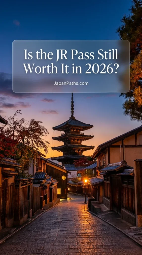 A stunning sunset view of the Yasaka Pagoda rising above traditional wooden buildings on a narrow stone street in the Higashiyama district of Kyoto. Warm lanterns glow as evening sets in. Essential reading for Japan Travel planning: Is the JR Pass Still Worth It in 2026? Find out if the pass covers your route to scenic spots like this.