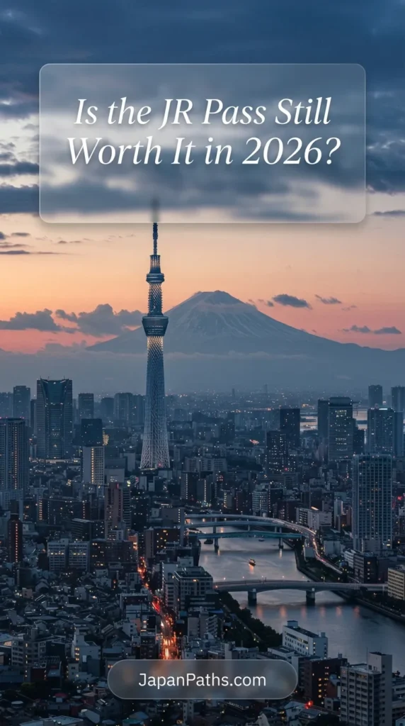 Stunning twilight cityscape of Tokyo featuring the Tokyo Skytree and a silhouette of Mount Fuji in the distance above the Sumida River. A scenic backdrop for travelers researching Is the JR Pass Still Worth It in 2026? Represents Japan travel goals, high-speed rail planning, and budget tips for exploring Tokyo and beyond.
