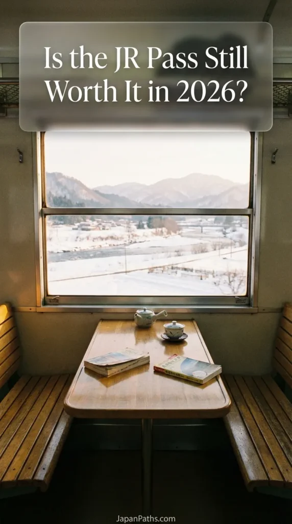 Two women sitting at a table on a scenic train in Japan looking out a large window at a snowy winter landscape in Tohoku. The image features text that says TOHOKU itinerary. This guide helps answer Is the JR Pass Still Worth It in 2026 by comparing rail pass costs for winter trips and regional travel options versus the nationwide pass on JapanPaths.com.
