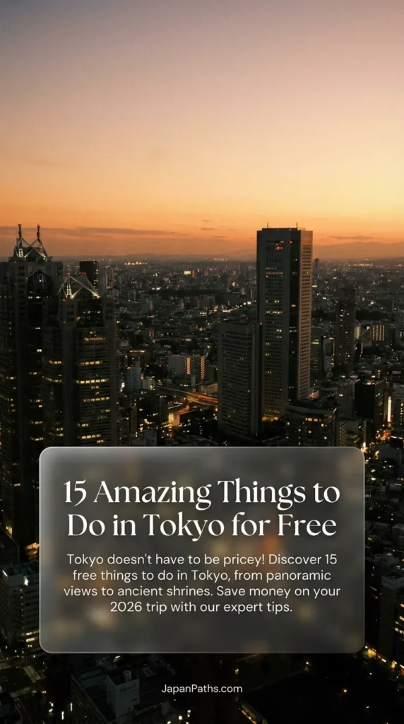 Scenic view of the Tokyo skyline and traditional Shinto shrines. This pin links to a guide on 15 Amazing Things to Do in Tokyo for Free, featuring tips for visiting Asakusa, Ueno Park, and the Imperial Palace East Gardens. Perfect for travelers looking for Japan travel inspiration, budget hacks, and authentic Japanese culture experiences.