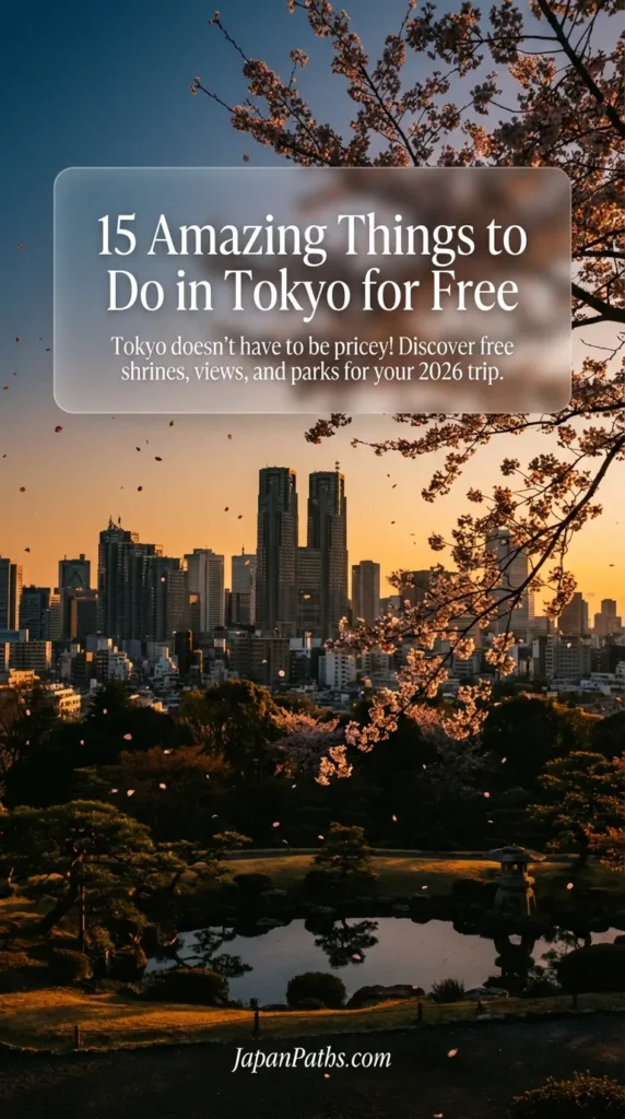 A scenic view of a traditional Japanese torii gate contrasted with modern Tokyo skyscrapers. This pin leads to a travel guide featuring 15 Amazing Things to Do in Tokyo for Free, helping travelers enjoy Japanese culture, historic shrines, and city views while saving money on their Japan vacation.