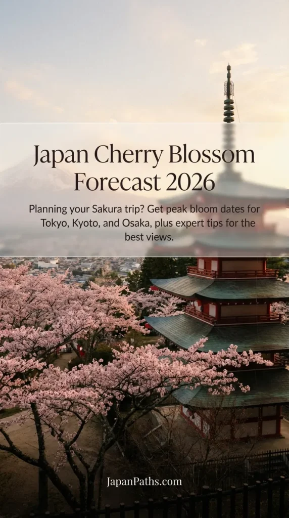 Vibrant pink cherry blossoms framing a traditional Japanese temple in spring. Image represents the Japan Cherry Blossom Forecast 2026 guide, helping travelers find peak bloom dates for Japan Travel and explore Japanese Culture.