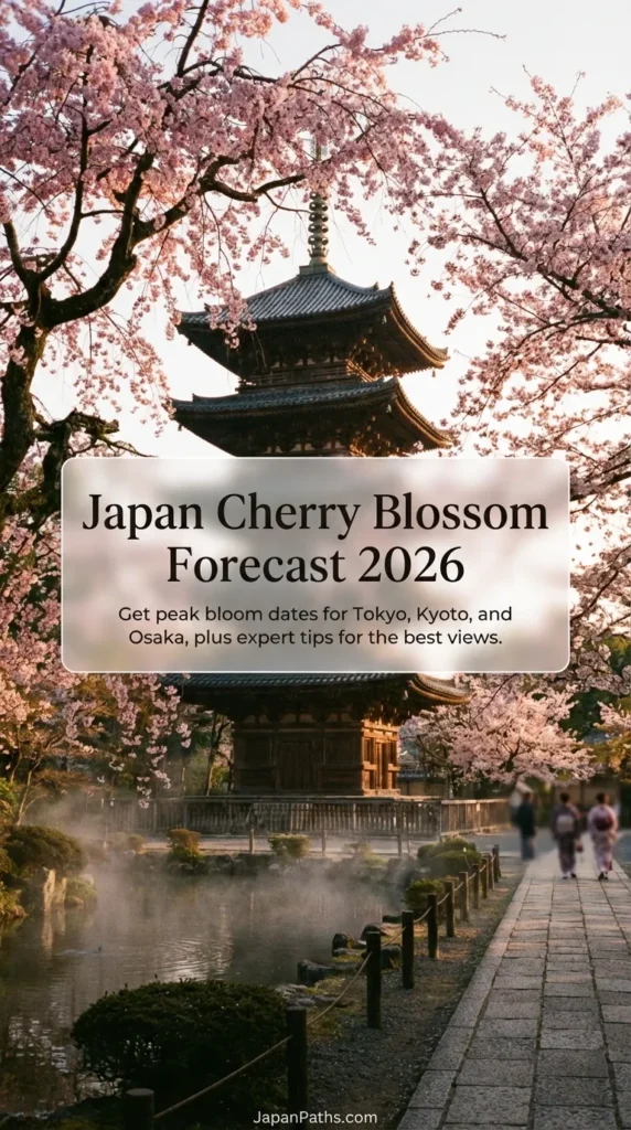Stunning pink sakura flowers in full bloom framing a traditional Japanese temple during spring. This image highlights the beauty of Japan Travel and Japanese Culture, serving as inspiration for the Japan Cherry Blossom Forecast 2026.