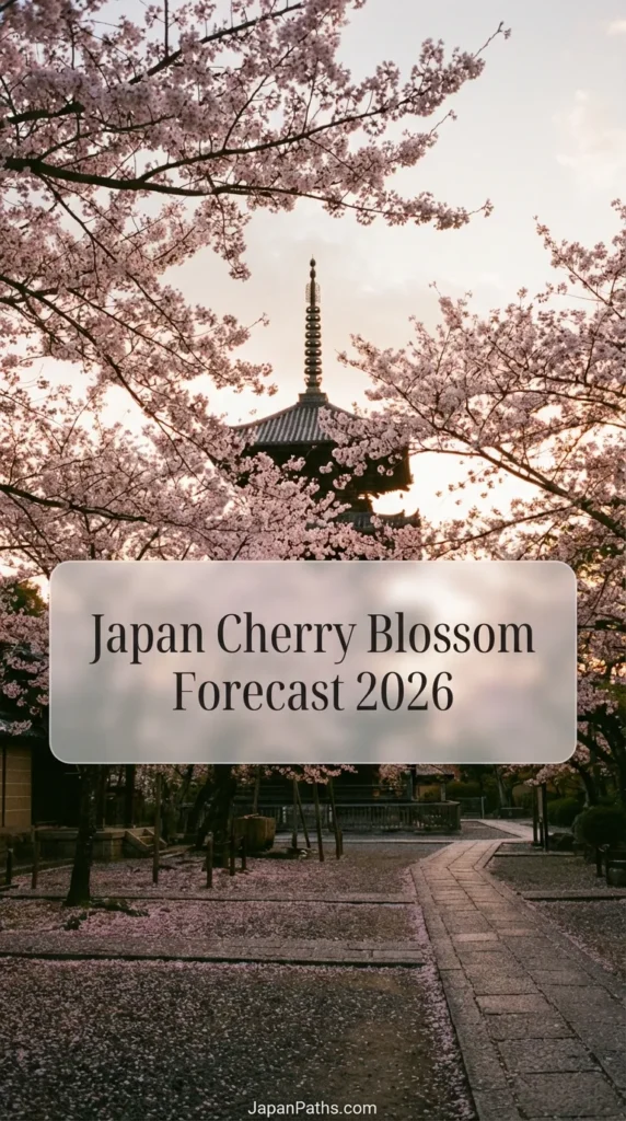 Stunning landscape of pink sakura flowers blooming in front of a traditional temple. This Japan Travel guide features the Japan Cherry Blossom Forecast 2026, helping travelers find peak bloom times in Tokyo and Kyoto for the ultimate Japanese culture experience.