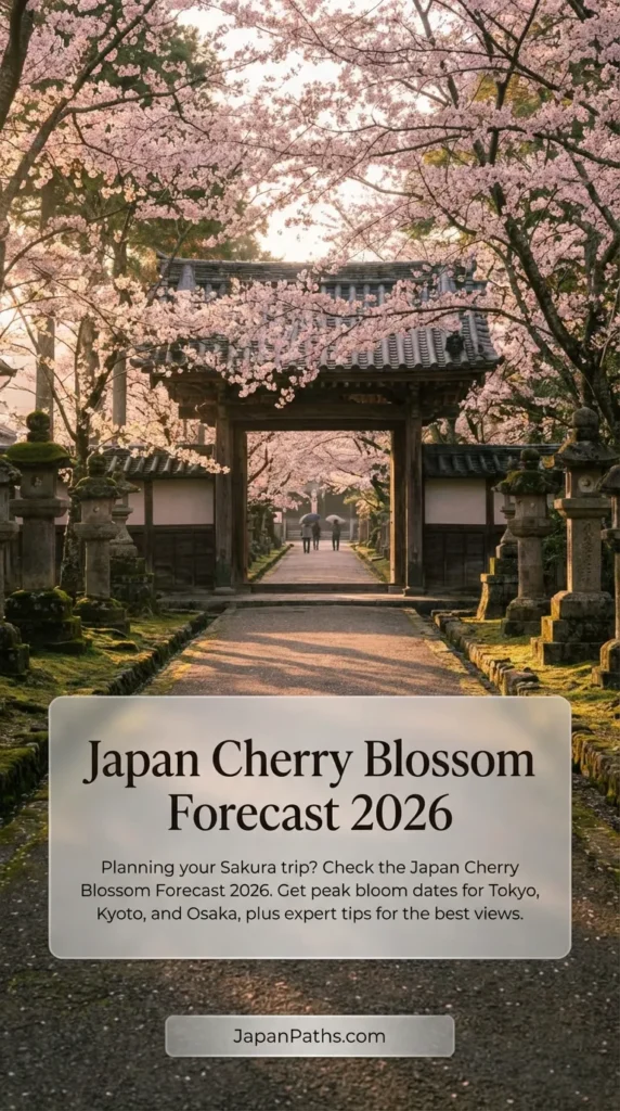 Breathtaking view of pink sakura flowers in full bloom framing a traditional Japanese temple. This image represents the beauty awaiting travelers who use the Japan Cherry Blossom Forecast 2026 to plan their spring itinerary for Tokyo and Kyoto travel.