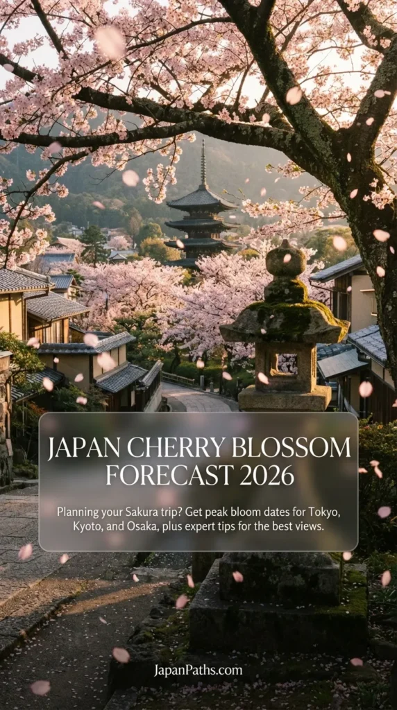 Stunning pink sakura flowers blooming in front of a traditional Japanese temple in spring, illustrating the beauty awaiting travelers who follow the Japan Cherry Blossom Forecast 2026. Perfect inspiration for Japan Travel planning, highlighting Japanese Culture and the best hanami spots in Tokyo and Kyoto.