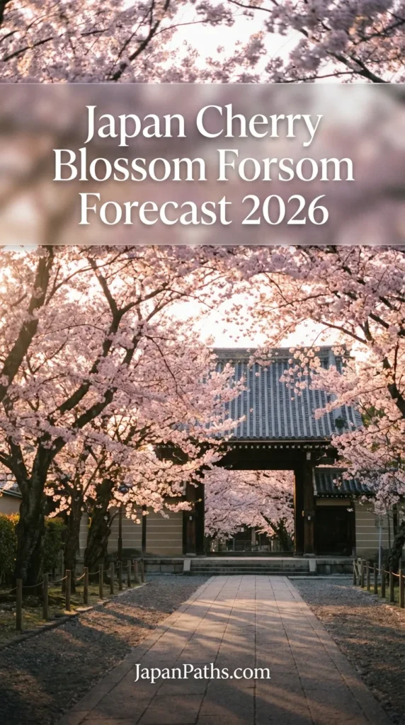 A scenic photograph of vibrant pink cherry blossoms framing a traditional Japanese pagoda with blue skies in the background. The text overlay displays Japan Cherry Blossom Forecast 2026. This image relates to a JapanPaths.com travel guide about peak bloom dates for Tokyo, Kyoto, and Osaka during the spring season.