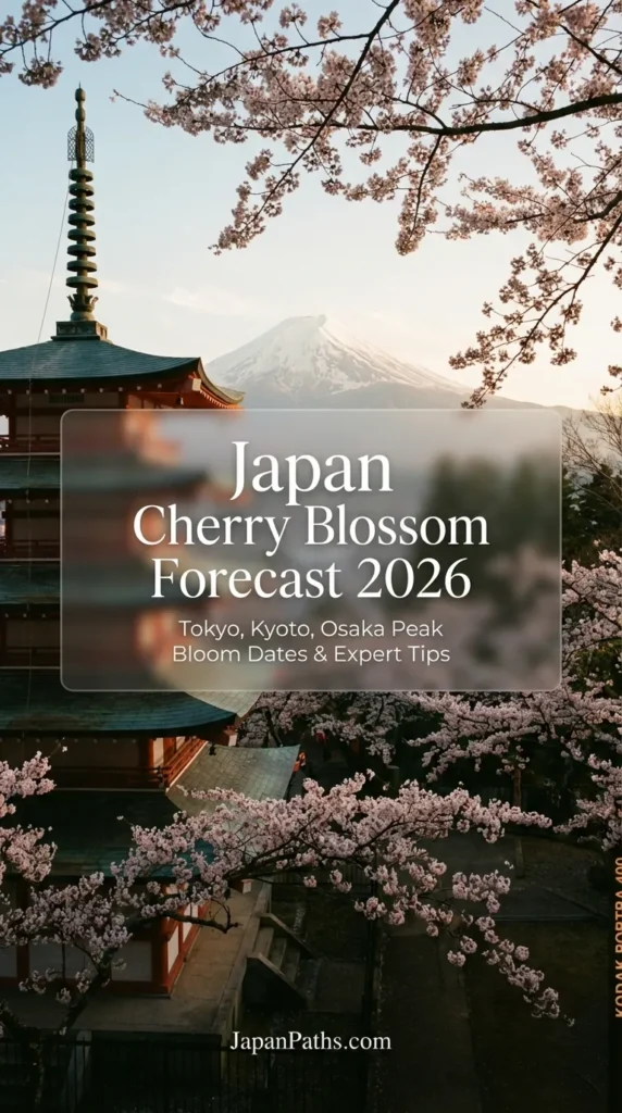 Stunning pink cherry blossoms framing a traditional Japanese pagoda during spring. This image links to the Japan Cherry Blossom Forecast 2026, providing peak bloom dates for Tokyo, Kyoto, and Osaka for travelers planning a trip to experience Japanese culture.