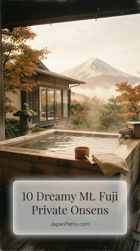 A traveler soaking in a wooden hot spring bath with a stunning view of Mount Fuji in the background. This image illustrates the 10 Dreamy Mt. Fuji Private Onsens guide, highlighting luxury ryokans, Japan travel experiences, and authentic Japanese culture for relaxation seekers.
