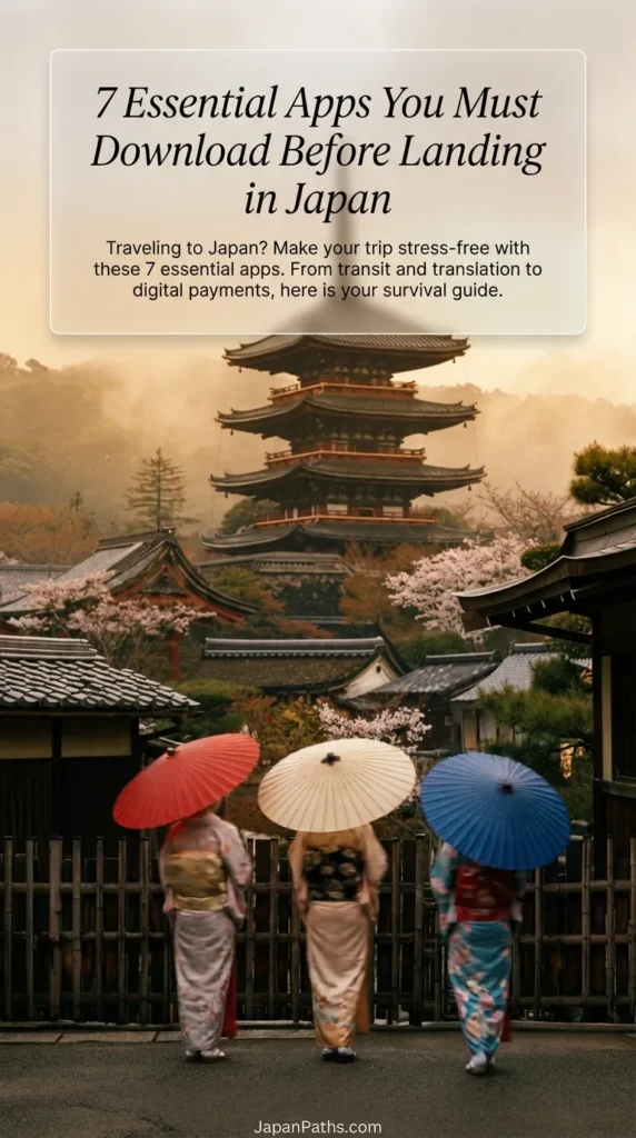 Five women in traditional colorful kimonos holding paper umbrellas stand facing a misty pagoda temple. A beautiful scene of Japanese culture. Ensure your trip is this peaceful by getting the 7 Essential Apps You Must Download Before Landing in Japan for easy transit and translation.