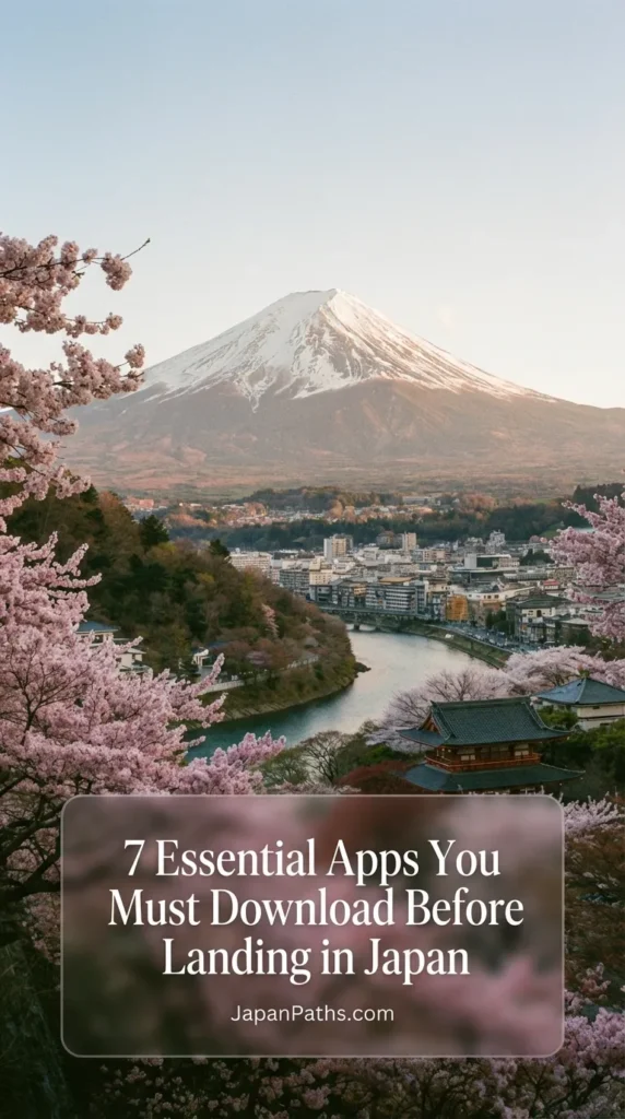 Stunning vertical view of Mount Fuji with a snow cap, framed by vibrant pink cherry blossoms and a traditional red pagoda overlooking a river town. This scenic Japan travel inspiration accompanies our guide on the 7 Essential Apps You Must Download Before Landing in Japan for a stress-free vacation.