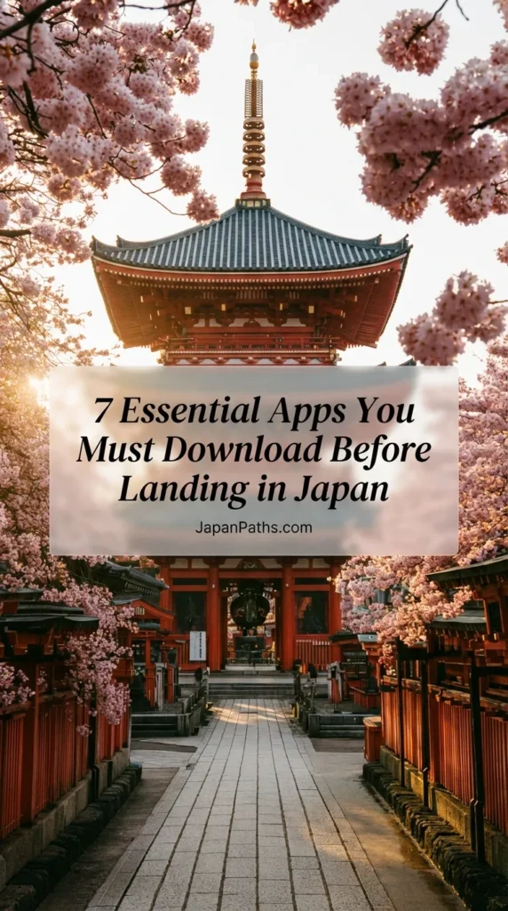 A majestic red five-story pagoda temple in Japan framed by beautiful blooming pink cherry blossoms, symbolizing the perfect trip planned with the 7 Essential Apps You Must Download Before Landing in Japan.