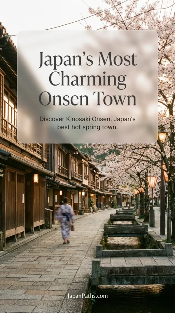 A scenic view of Kinosaki Onsen, Japan’s Most Charming Onsen Town, featuring a willow-lined canal, stone bridges, and travelers wearing traditional yukata robes. The image captures the historic atmosphere of this Japanese hot spring resort, highlighting traditional wooden architecture and lantern-lit streets.