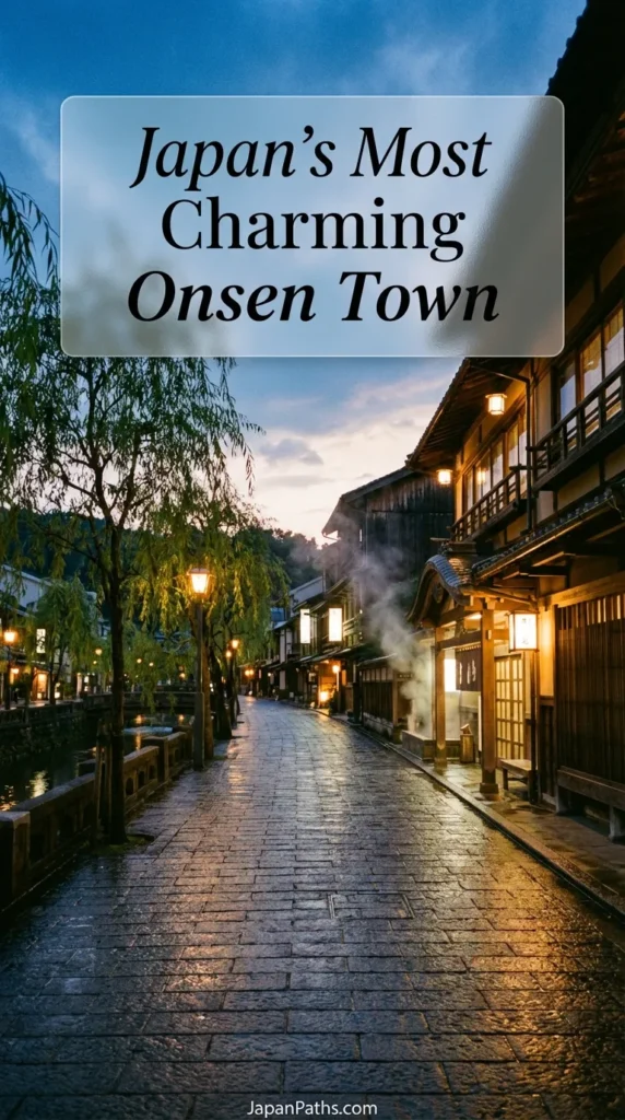 Travelers wearing colorful yukata robes walking along a stone canal lined with weeping willow trees and lanterns in Kinosaki. The scene depicts the atmosphere of Japan’s Most Charming Onsen Town, highlighting traditional Japanese culture and historic architecture.