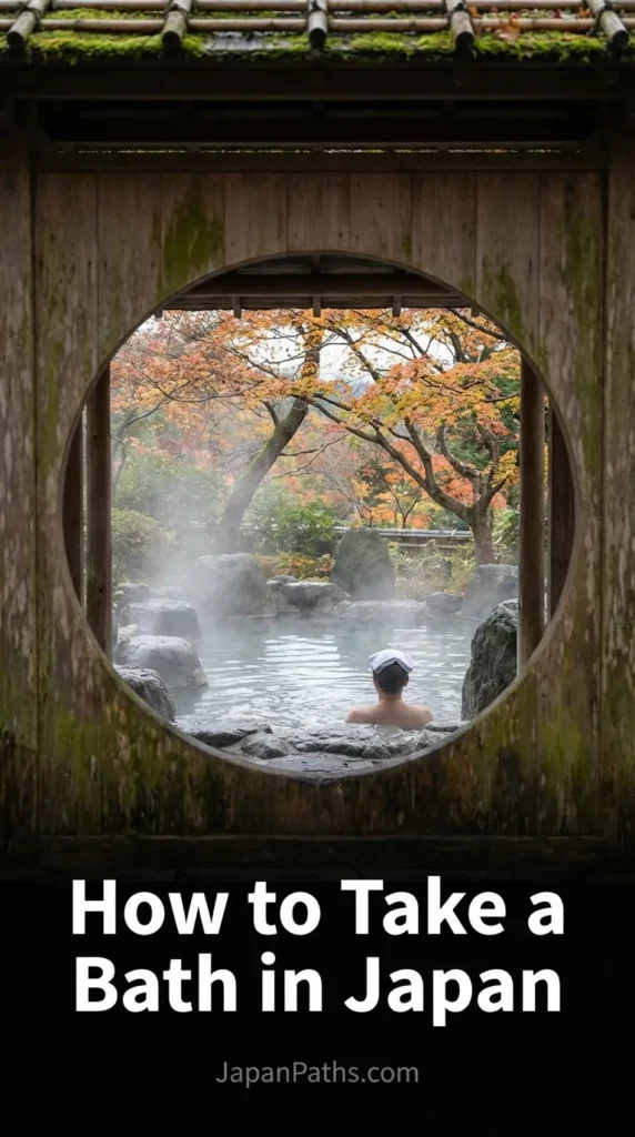 How to Take a Bath in Japan: A steaming outdoor wooden hot spring bath surrounded by peaceful nature and traditional washing buckets.