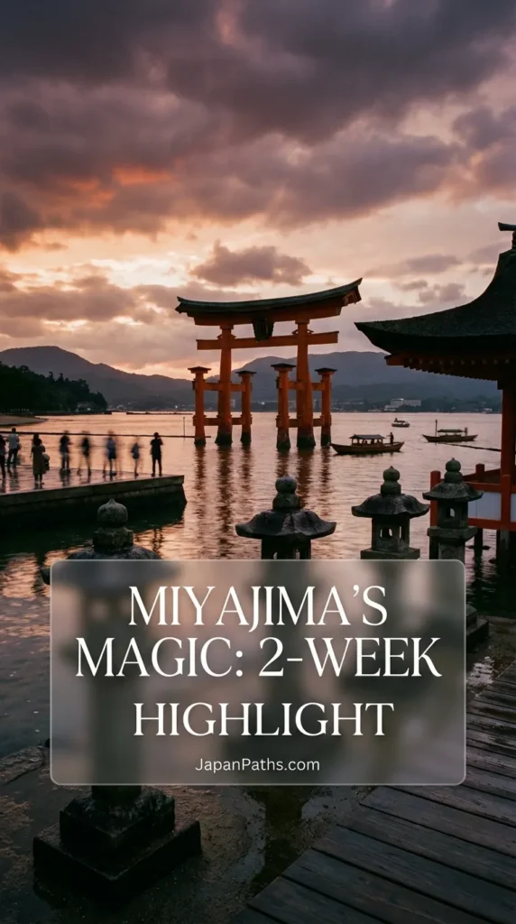 The iconic floating orange Torii gate of Itsukushima Shrine on Miyajima Island rising out of the water at high tide, surrounded by ocean and mountains.