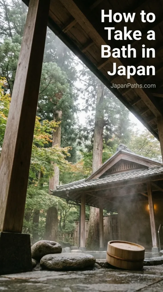 How to Take a Bath in Japan: A serene traditional wooden onsen bath filled with steaming hot water overlooking a peaceful Japanese rock garden.