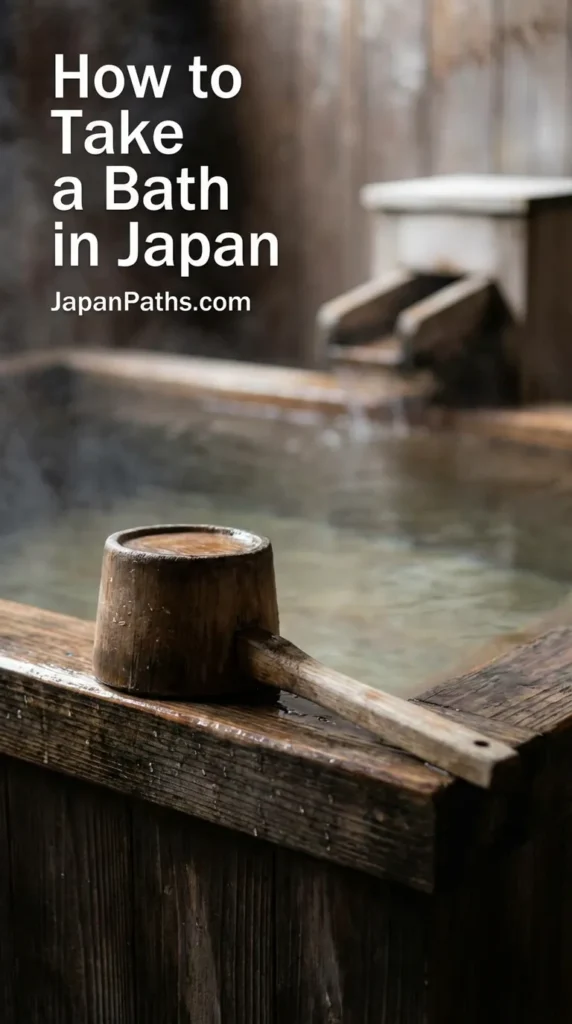 How to Take a Bath in Japan: A steaming outdoor hot spring bath made of stone surrounded by lush green maple trees and traditional bamboo fencing.