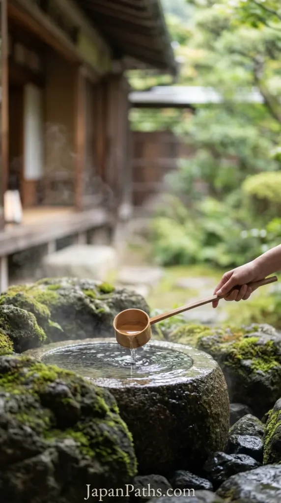 How to Take a Bath in Japan: A serene outdoor hot spring with steam rising from the blue water, surrounded by natural rocks and traditional wooden bathing buckets.