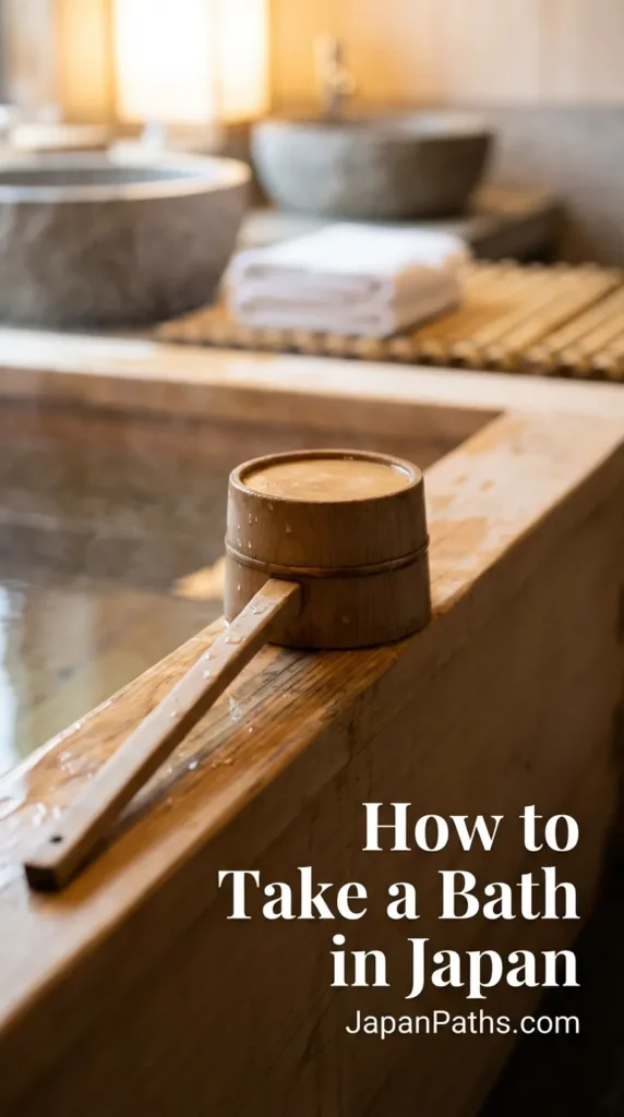 How to Take a Bath in Japan: A steaming outdoor rock onsen bath surrounded by lush green nature and traditional wooden architecture.