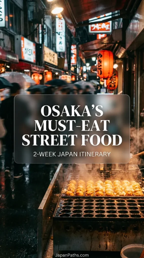 Vibrant neon signs of Dotonbori canal in Osaka at night, featuring street food stalls and crowds enjoying Japan's Kitchen.