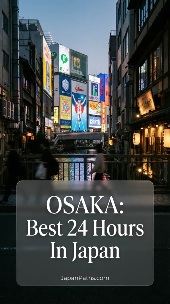 Vibrant neon lights reflecting on the Dotonbori canal in Osaka, Japan, featuring the famous Glico Man sign and bustling street food crowds.