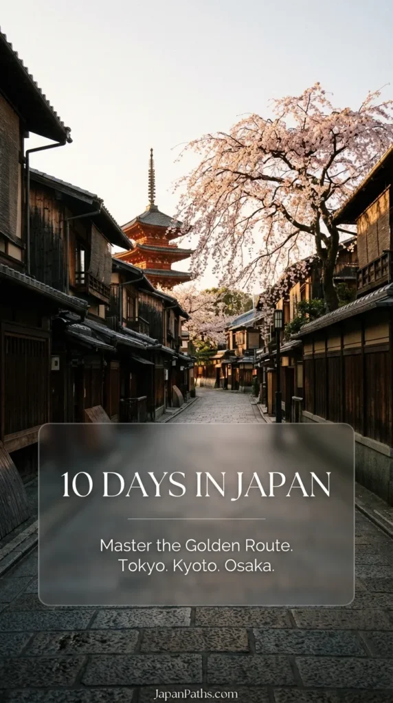 A vibrant collage showing a red Torii gate in Kyoto, a neon street sign in Tokyo, and Mount Fuji, representing the highlights of a 10 Days in Japan itinerary for travelers exploring Japanese culture.