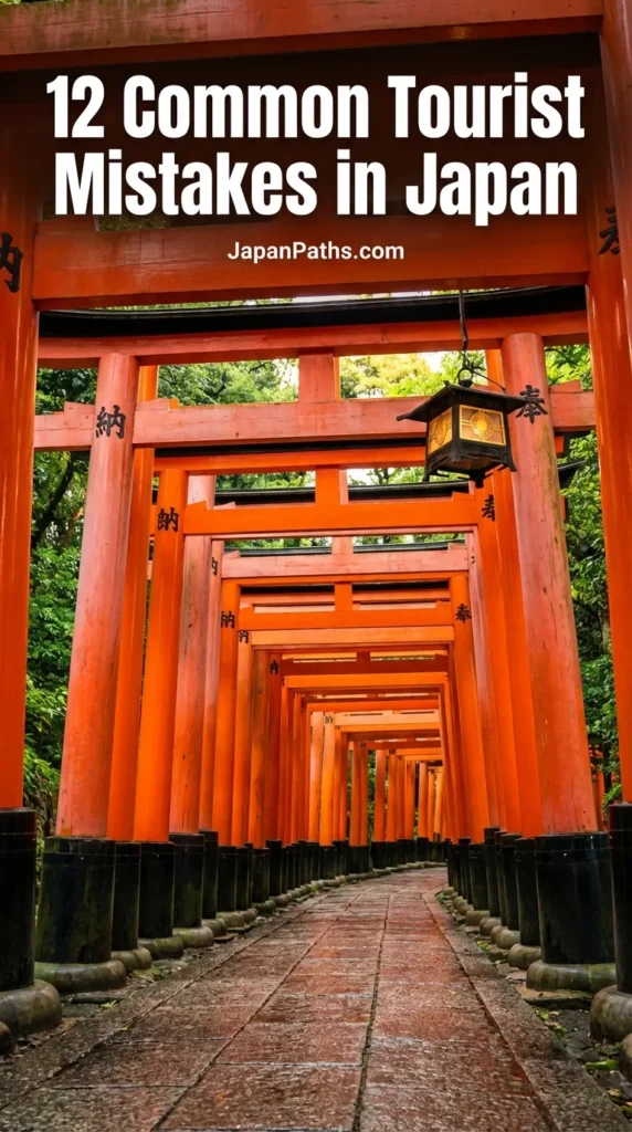 12 Common Tourist Mistakes in Japan: A vertical shot looking down the winding path of the iconic vermilion Senbon Torii gates at Fushimi Inari Taisha in Kyoto with a hanging lantern.