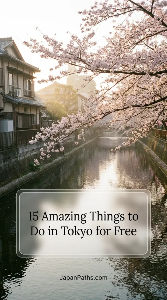 A vibrant montage of Tokyo sights including the red lanterns of Asakusa and the green spaces of Ueno Park, illustrating 15 Amazing Things to Do in Tokyo for Free. Ideally suited for Japan travel planning, this image highlights budget-friendly destinations like Yanaka Ginza and the Imperial Palace East Gardens for travelers looking to experience Japanese culture on a budget.
