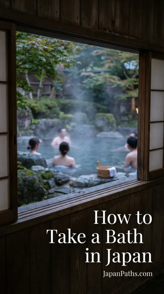 How to Take a Bath in Japan: A serene outdoor rock-lined hot spring pool with steam rising, surrounded by lush green maples and wooden buckets.