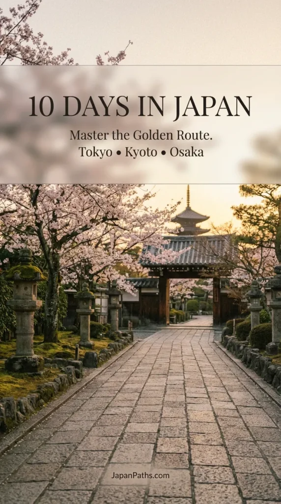 A stunning travel montage featuring Mount Fuji, the red torii gates of Fushimi Inari in Kyoto, and the neon streets of Tokyo, representing the ultimate 10 Days in Japan itinerary. This guide covers the Golden Route for Japan Travel planning.