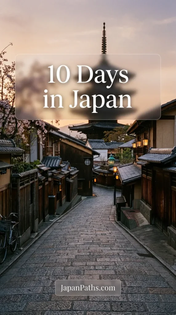 A stunning travel photo collage featuring Mount Fuji, the red Torii gates of Kyoto, and the neon Dotonbori canal in Osaka, illustrating the ultimate 10 Days in Japan itinerary. Ideally suited for first-time visitors looking for Japan travel tips along the Golden Route.