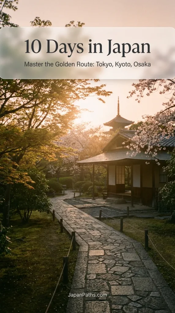 A scenic travel collage featuring a view of Mount Fuji, the bright neon signs of Tokyo at night, and a traditional geisha in Kyoto. This pin links to a complete guide for spending 10 Days in Japan. Perfect for planning a vacation to see Japanese culture, taste Osaka street food, and visit historic temples. Learn how to navigate the Golden Route efficiently.