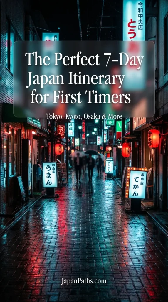 A vertical shot of a bustling Japanese street at night, illuminated by towering red and blue neon signs with vertical Japanese text. Pedestrians walk through the vibrant alleyway, capturing the electric atmosphere of Tokyo nightlife. A perfect visual representation for The Perfect 7-Day Japan Itinerary for First Timers planning their urban adventures.