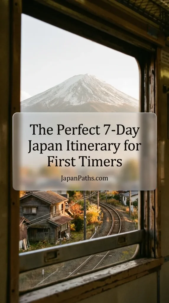 A breathtaking view of snow-capped Mount Fuji framed through a train window, looking down a straight railway track lined with houses and power lines. This scenic journey highlights the beauty of Shinkansen travel included in The Perfect 7-Day Japan Itinerary for First Timers.