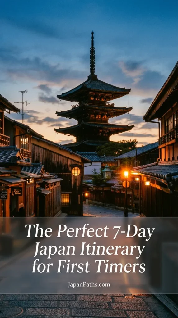 Stunning vertical shot of a narrow stone street in Kyoto's Higashiyama district at sunset, leading towards the majestic Yasaka Pagoda. Traditional wooden buildings line the path with warm lantern light. This iconic view is a must-see stop on The Perfect 7-Day Japan Itinerary for First Timers. Ideal inspiration for Japan Travel, Japanese Culture, and exploring historic temples.