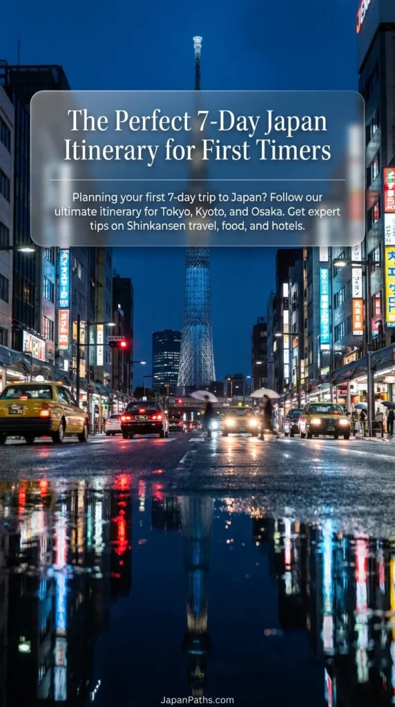 A stunning night view of a wet street in Tokyo with the illuminated Tokyo Skytree towering in the background, surrounded by vibrant neon signs reflecting on the pavement. This pin leads to The Perfect 7-Day Japan Itinerary for First Timers, covering Japan Travel tips, Japanese Culture, and guides for Tokyo, Kyoto, and Osaka.