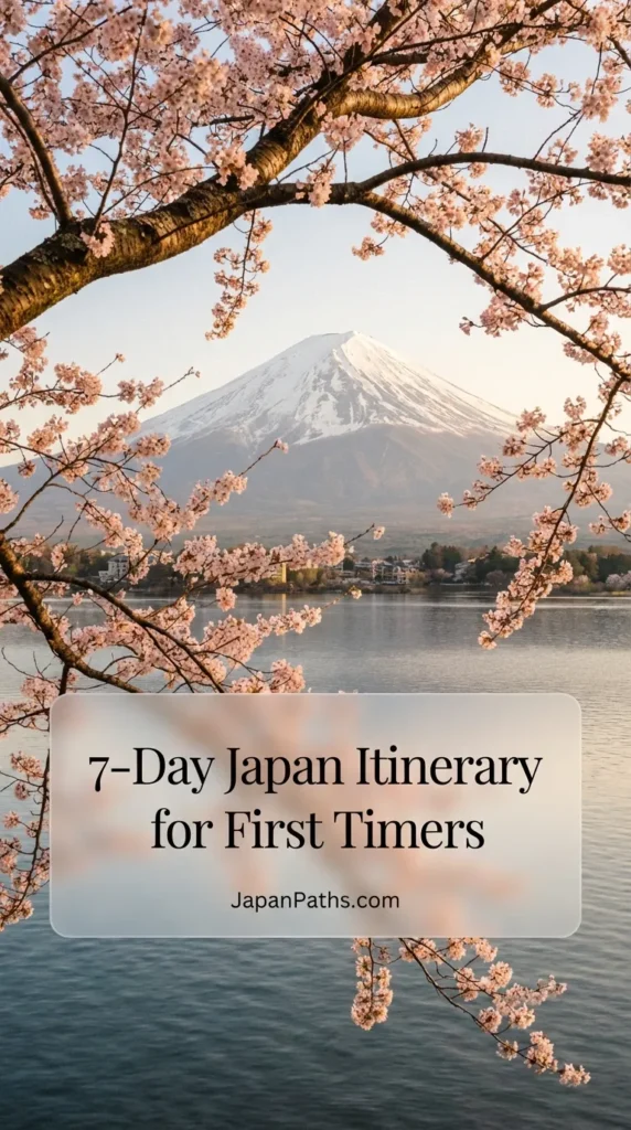 Stunning view of Mount Fuji with a snow-capped peak framed by pink cherry blossoms over Lake Kawaguchi. A must-see spot included in our 7-Day Japan Itinerary for First Timers. Ideal for those planning Japan travel, seeking spring cherry blossom views, and exploring Japanese culture.