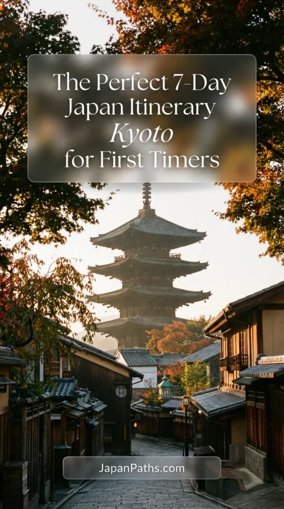 Five women wearing traditional colorful floral kimonos and holding Japanese wagasa umbrellas standing in a row looking towards a majestic five-story pagoda in the mist. A beautiful representation of the culture you will see on The Perfect 7-Day Japan Itinerary for First Timers, perfect for Japan travel inspiration and Kyoto sightseeing planning.