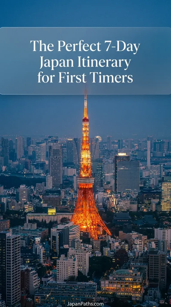 A breathtaking vertical shot of the red illuminated Tokyo Tower towering over the blue cityscape at night. This view of the Tokyo skyline is a key highlight included in The Perfect 7-Day Japan Itinerary for First Timers. Perfect for inspiration regarding Japan Travel and experiencing modern Japanese Culture.