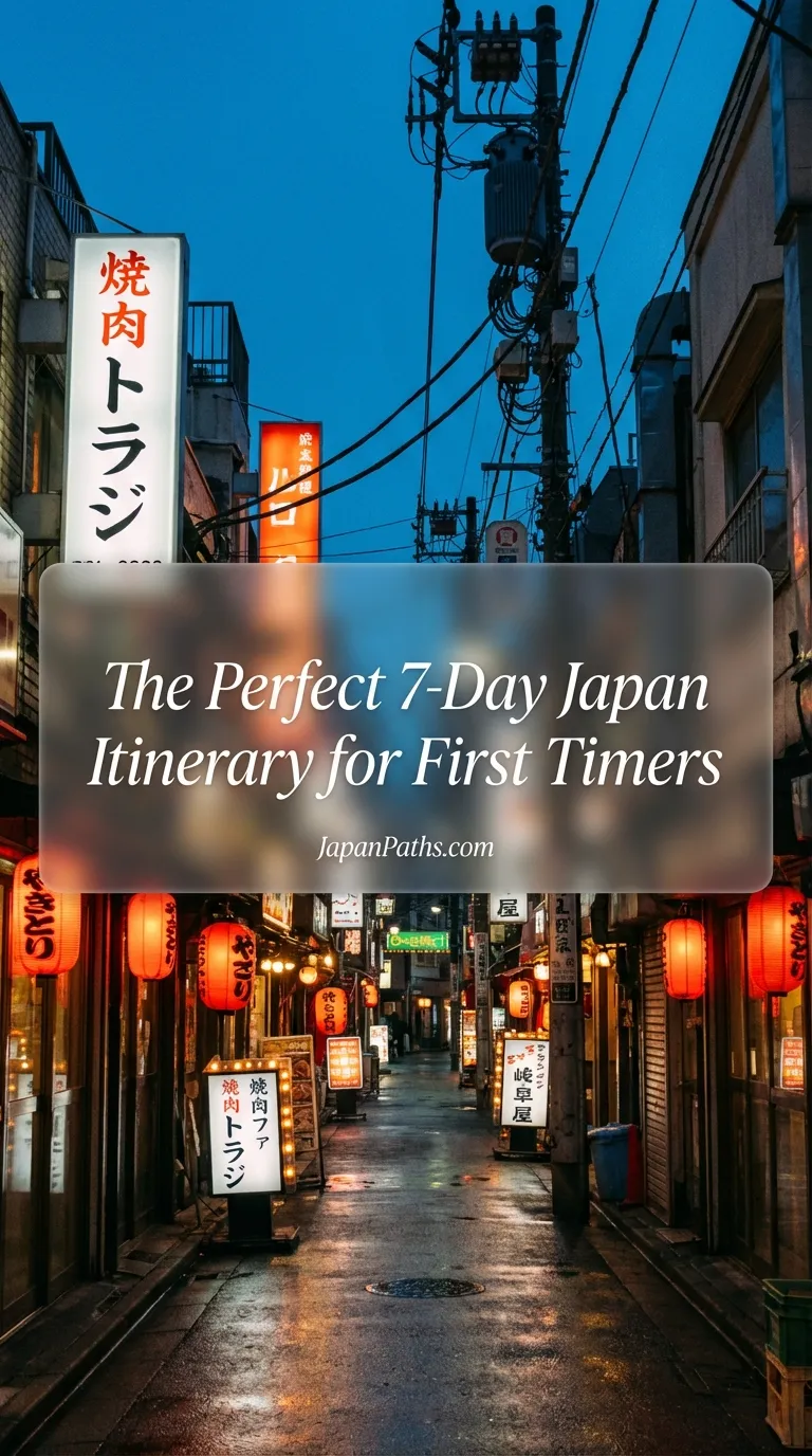 A narrow, atmospheric alleyway in Tokyo locally known as Memory Lane or Omoide Yokocho, crowded with overhead power lines, glowing lanterns, and colorful vertical signs. A local man walks past traditional yakitori stalls and izakayas. This authentic street scene illustrates the cultural experiences found in The Perfect 7-Day Japan Itinerary for First Timers, highlighting the contrast between modern and traditional Japan travel destinations.