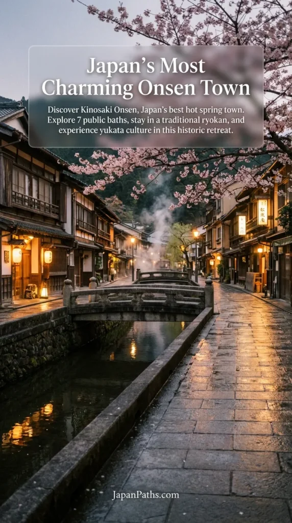 Atmospheric street view of Kinosaki Onsen featuring a stone canal lined with willow trees and lanterns. Travelers are wearing traditional yukata robes while exploring Japan’s Most Charming Onsen Town. An essential stop for authentic Japan Travel and experiencing Japanese Culture.