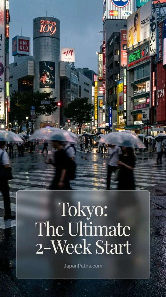 Vibrant street scene in Shinjuku Tokyo at night with neon signs, representing the first stop of a 14-day Japan itinerary.
