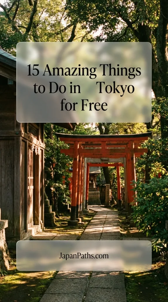 A scenic collage of Tokyo travel highlights including the red lantern at Asakusa Shrine and the lush greenery of Yoyogi Park. Text overlay reads 15 Amazing Things to Do in Tokyo for Free. This guide covers budget tips for visiting Meiji Shrine, Ueno Park, and the Imperial Palace East Gardens for travelers planning a 2026 Japan trip.