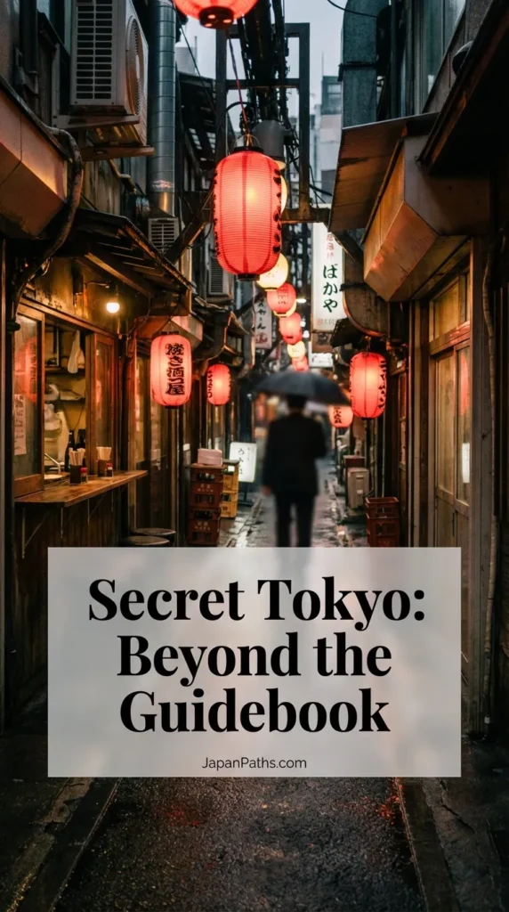 Narrow Tokyo alleyway at night illuminated by glowing red paper lanterns and neon signs, showcasing traditional izakaya bars and the hidden nightlife atmosphere of Japan.