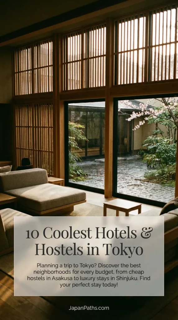 A stylish and cozy bedroom interior representing one of the 10 Coolest Hotels & Hostels in Tokyo. The image highlights modern amenities mixed with traditional Japanese culture aesthetics, offering inspiration for Japan Travel planning in popular districts like Shinjuku and Asakusa.